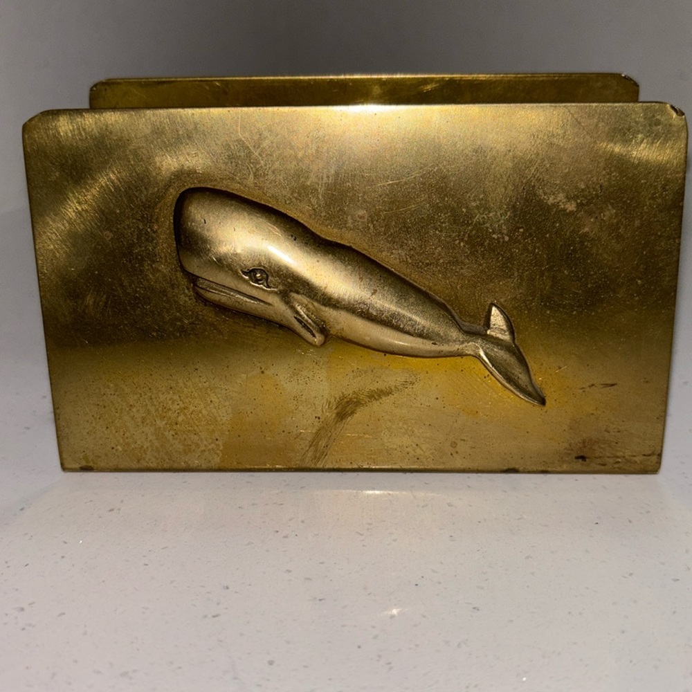Whale mail or napkin holder vintage look solid brass - heavy feel
